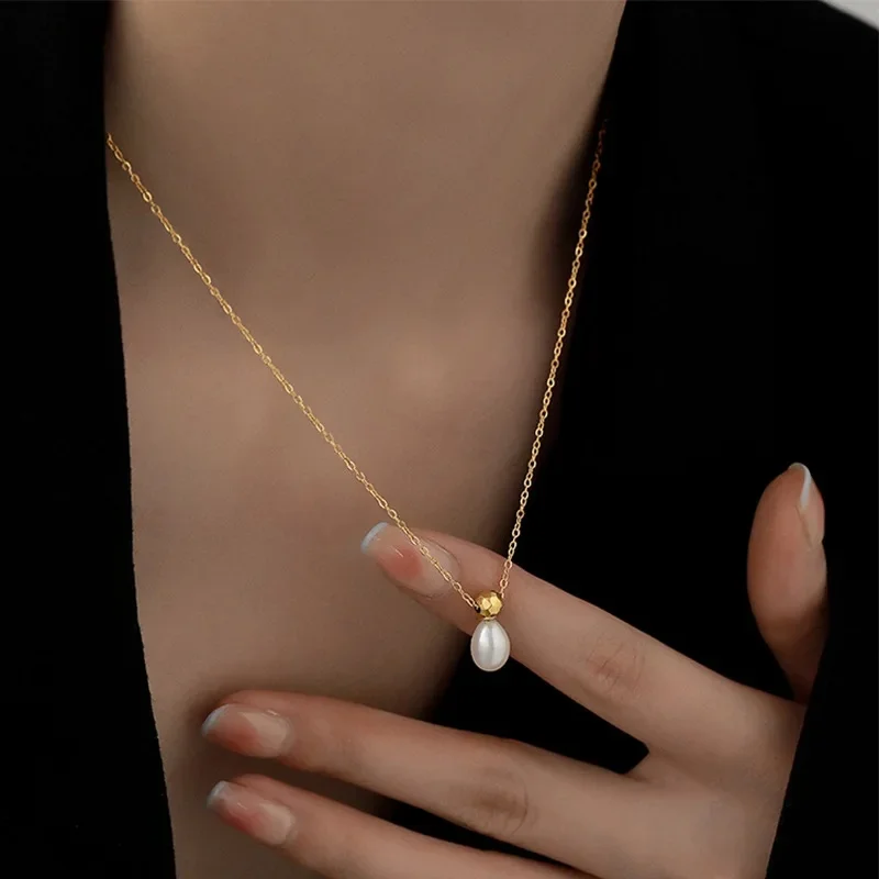 Stal nierdzewna Retro złoty kolor kropla wody naszyjnik z pereł dla kobiet wykwintne Korea Chokers biżuteria panny młodej trwały kolor — zdjęcie 2