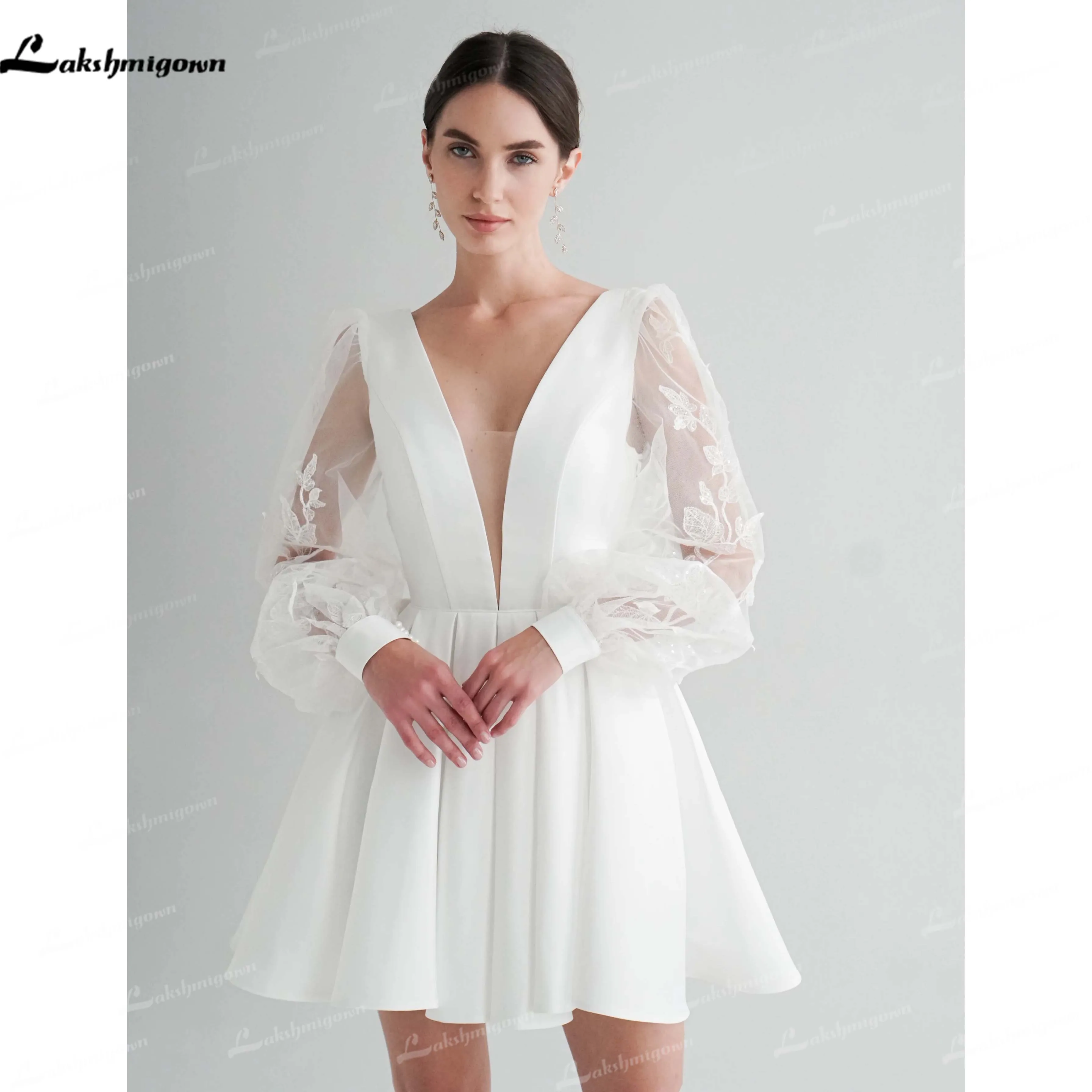 

Lakshmigown Lace Long Sleeves Short Wedding Dress 2026 Deep V-Neck Open-Back A-Line Bridal Dress Vestidos De Novia Customized