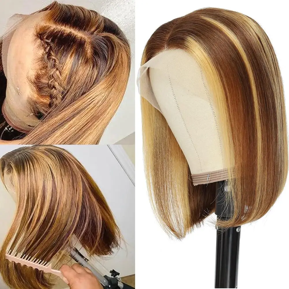 Peluca de cabello humano liso de 13x4 para mujer, postizo con encaje Frontal transparente, Bob corte, color ombré, Marrón Piano, 4/27