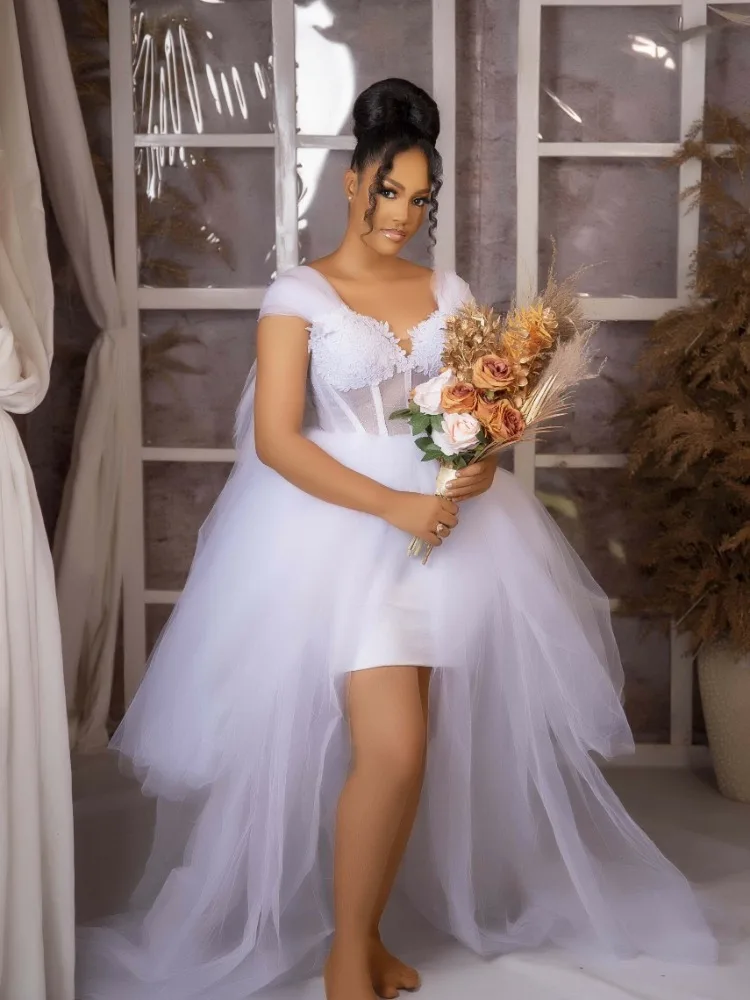 White Wedding Dress Off Shoulder Front Split Tiered Appliques Aso Ebi Bridal Shower Dress Wedding Gown robes de mariee