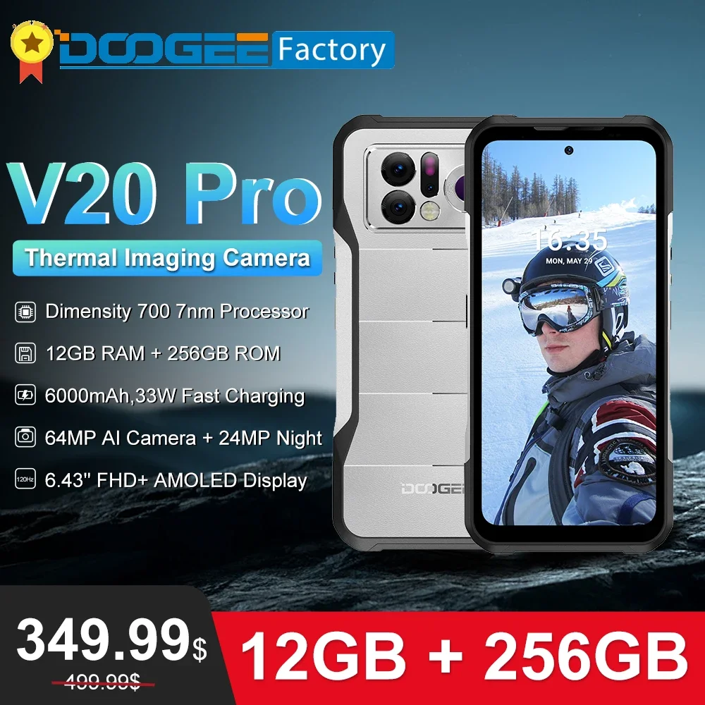 DOOGEE V20 Pro Rugged Phone 6.43'' 2K Display Thermal Imaging Moible Phone 12GB+256GB 64MP 6000mAh 33W Charge Smartphone Android