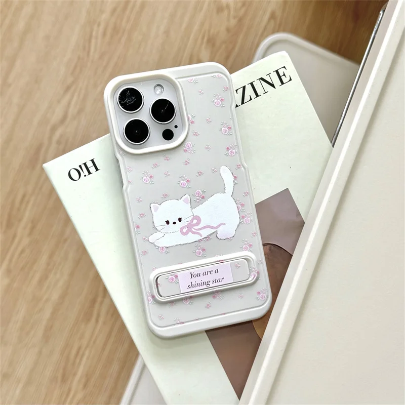 

Ins pink milk Whooping broken cat with stand for iphone14 15 pro creative simple 12 13promax new anti-fall female phone case