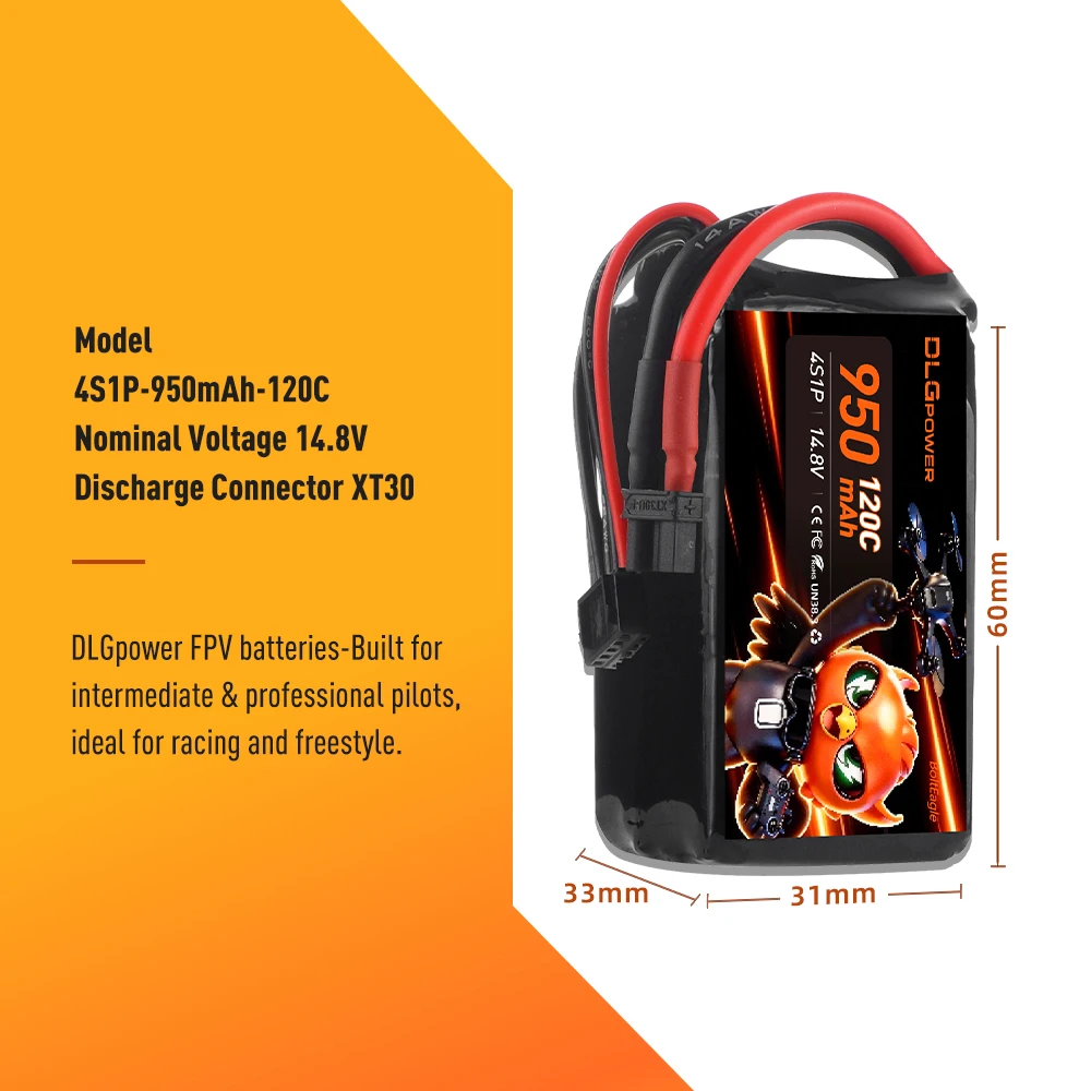 DLGpower 120C 4S 950mAh LiPo Battery 14.8V XT30 for 2.5‑3.5 Inch Cine‑Whoop Freestyle FPV Soccer Drone Small RC Car RC Airplane