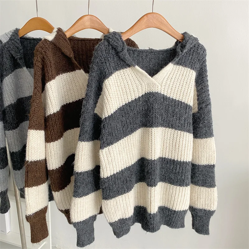 Women's Soft Glutinous Lazy Striped Hooded Sweater Striped Long Sleeve Casual Loose Pullover Knitwears Korean Fashion New