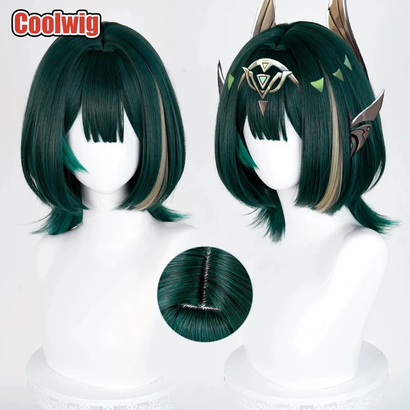 Coolwig Synthetic Hair Nefer Cosplay Wigs Genshin Impact Nefer 36cm Short Straight Dark Green Mixed Brown Wig Heat Resistant