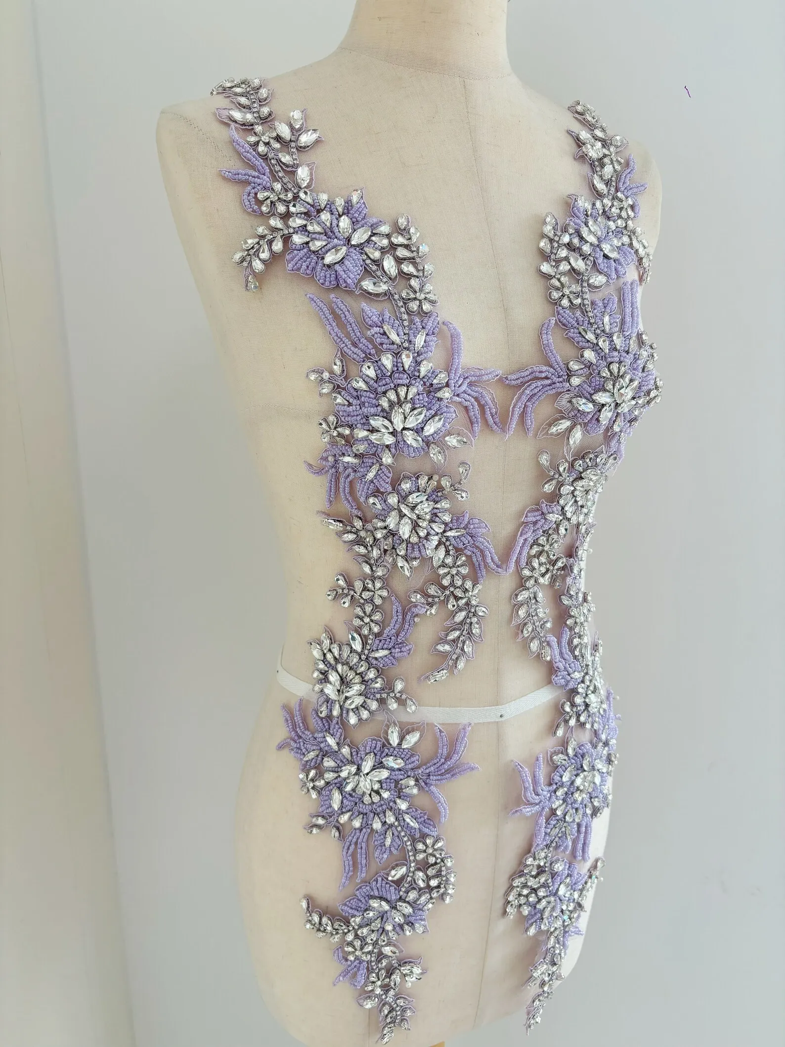 Lavender Purple Rhinestone Appliqué For Couture, Costume, Dress, Crafted Florals Motif Bodice, Deluxe Bead Florals Applique