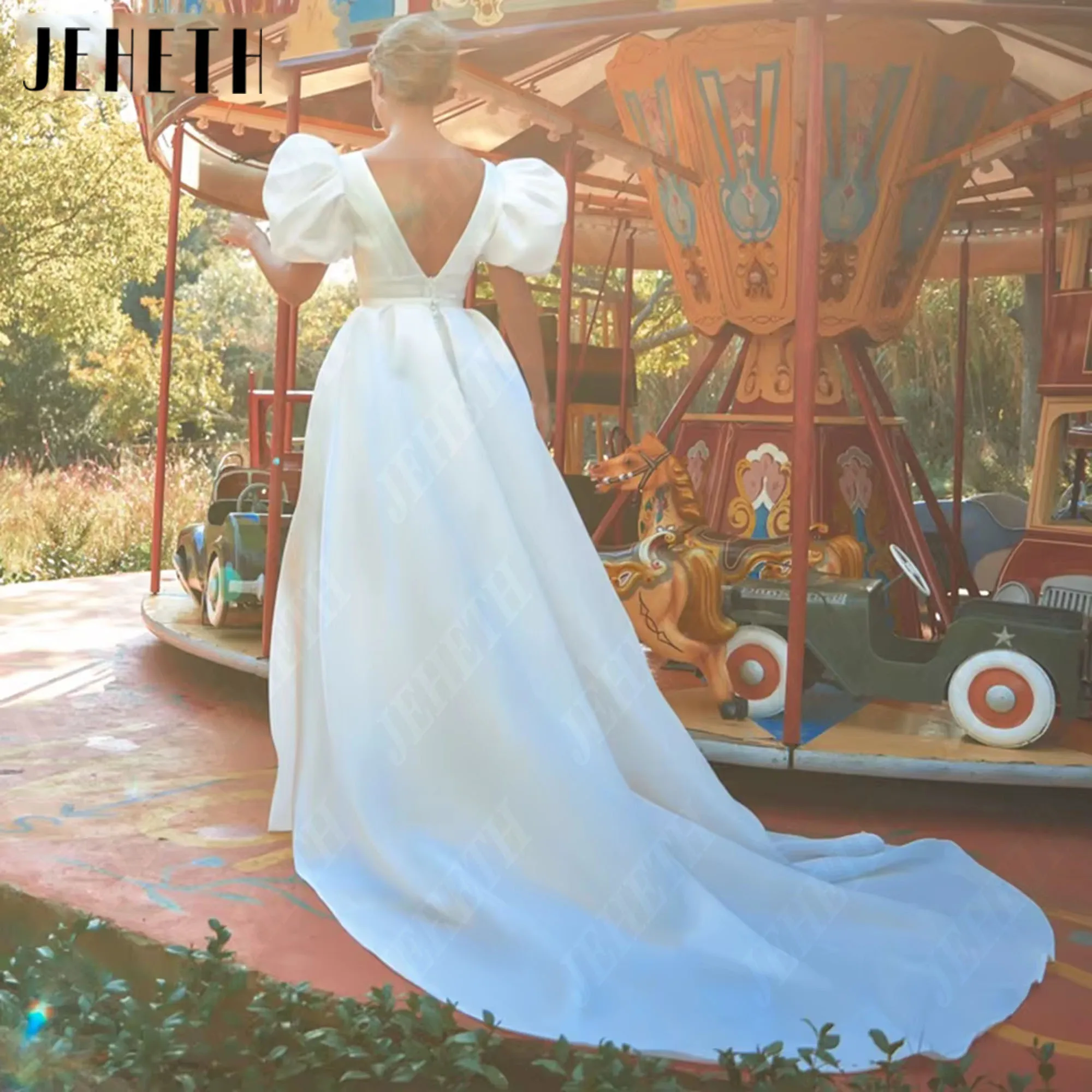 JEHETH ツーピースサテン V ネックビーチショートウェディングドレス背中の開いたパフスリーブ A ラインエレガントなミニブライダルドレスカスタマイズ