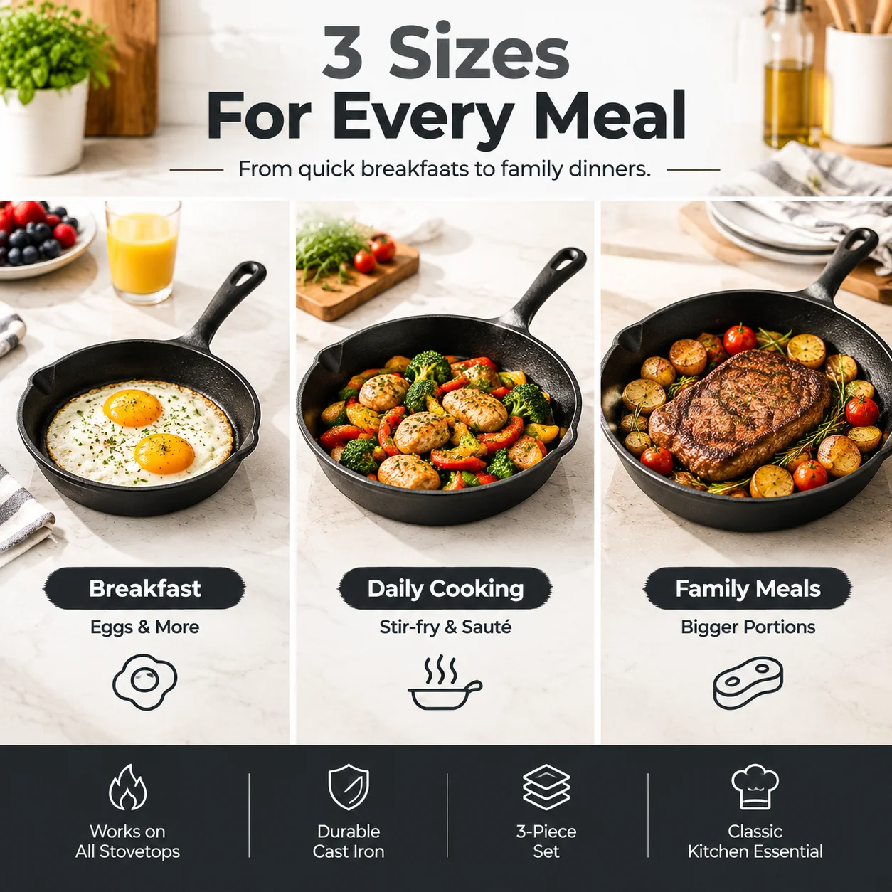 3PCS Cast Iron Skillet Set, Pre-Seasoned Frying Pans in 3 Sizes, Heavy Duty Cookware Set with Dual Pour Spouts for Kitchen Cooking