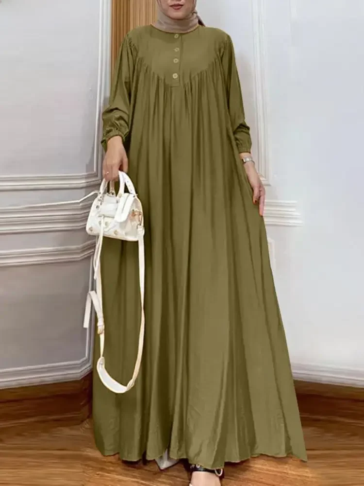 ZANZEA Solidna muzułmańska sukienka islamska damska Vintage Turkey Abaya Robe Long Sleeve Hijab O Neck Pleated Loose Kebaya 2025 — zdjęcie 2