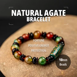 Natural Stone Bracelet 10mm Natural Agate Beads Bracelet with 9 Eye Dzi Bead Healing Stone Bracelet Best Gifts for Man Women
