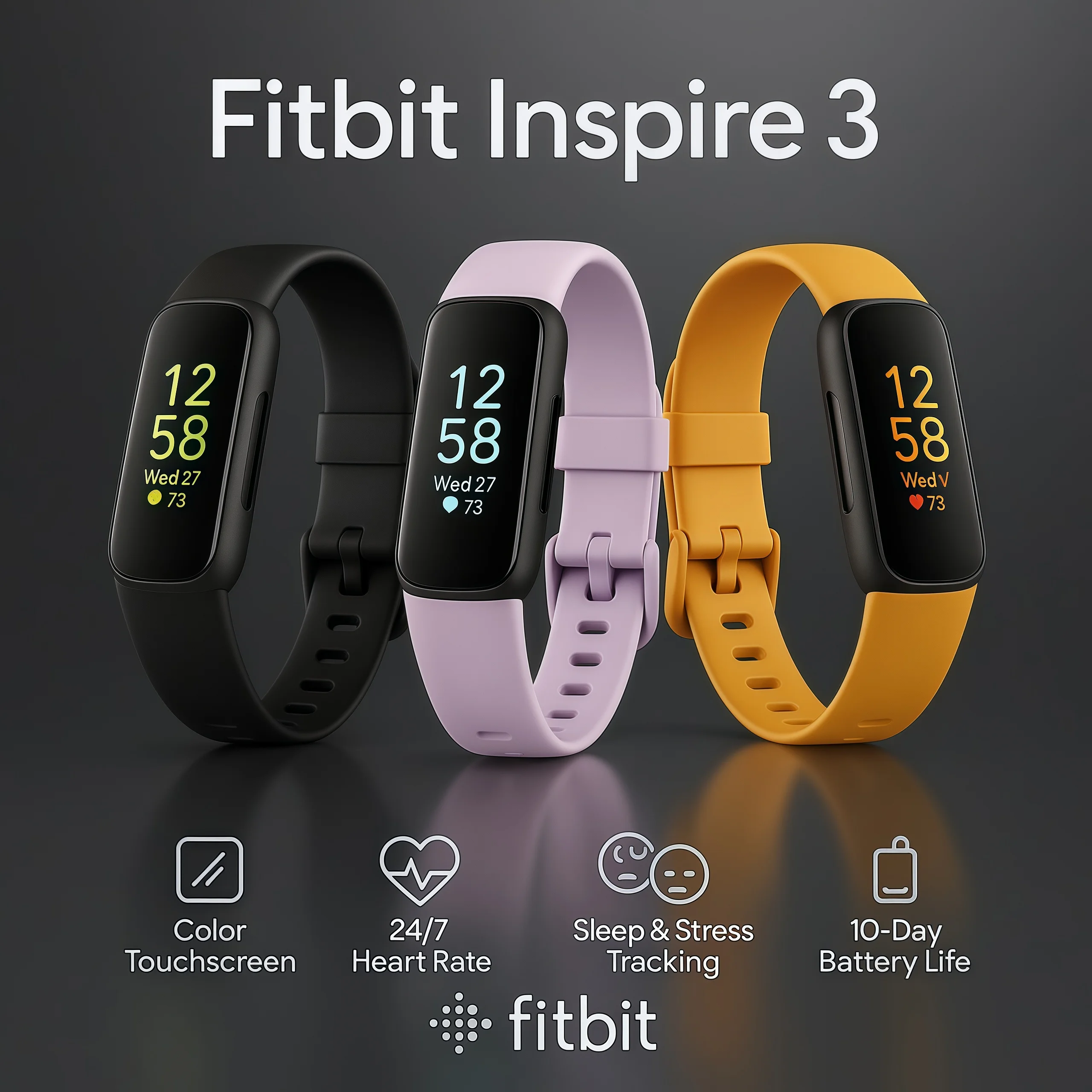 جهاز تعقب اللياقة البدنية الذكي Fitbit Inspire 3، شاشة ملونة تعمل باللمس، مراقب معدل ضربات القلب، تتبع ضغط النوم، سوار معصم رياضي