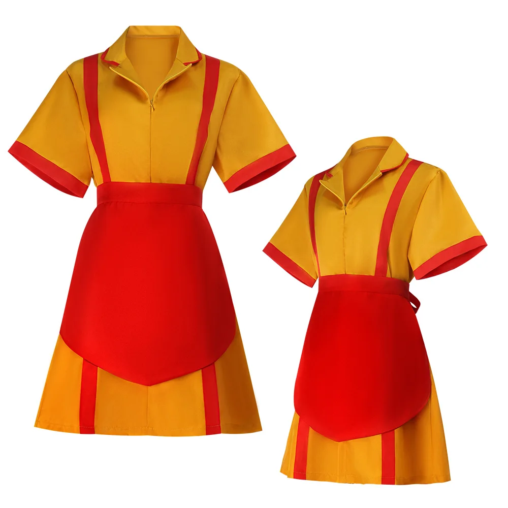 2 Broke Girls Max Cosplay Costume Caroline Waitress Uniform With Apron Yellow Maid Uniform Halloween Party Dress Outfit