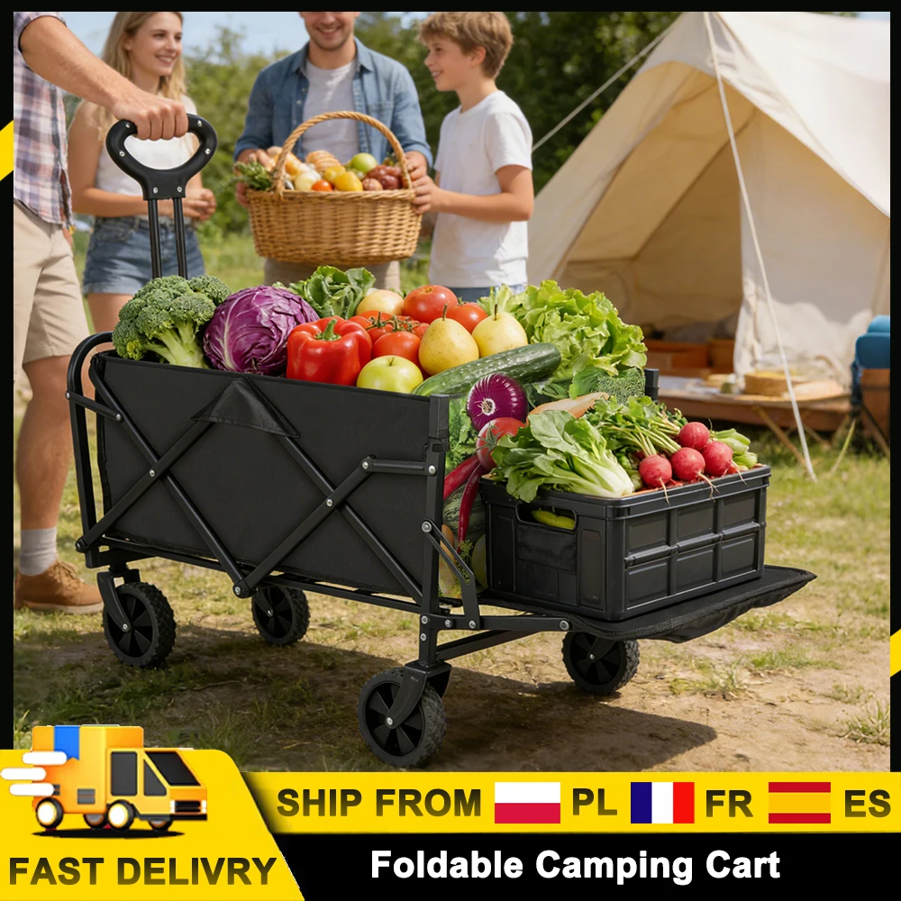 Chariot de camping pliable 5/7 pouces, capacité de charge 75 kg, avec poches latérales et porte-bouteilles en maille, équipement de camping