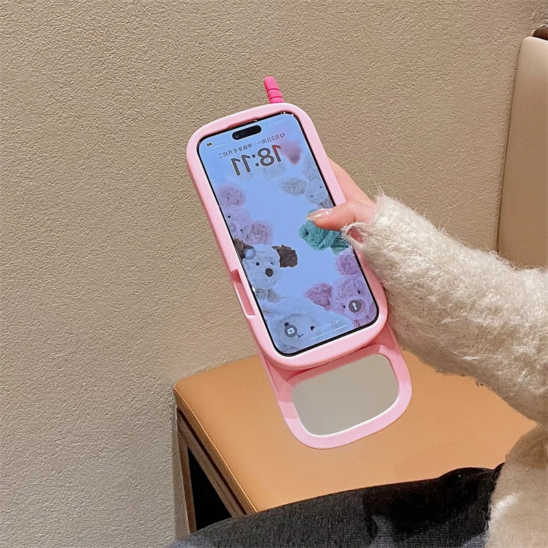 Cute 3D hot pink bow mobile phone model Push-pull mirror silicone case iPhone 16 15 Pro 14 13 Pro Max shockproof soft cover gift