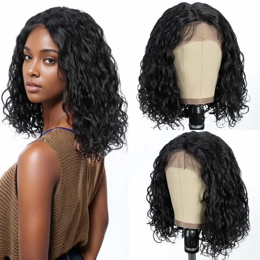 Short Curly Bob Brazilian Deep Wave  Human Hair Lace Front Wigs 13X4 Lace Frontal Wig150 Density Wave Wigs #1B For Black Women