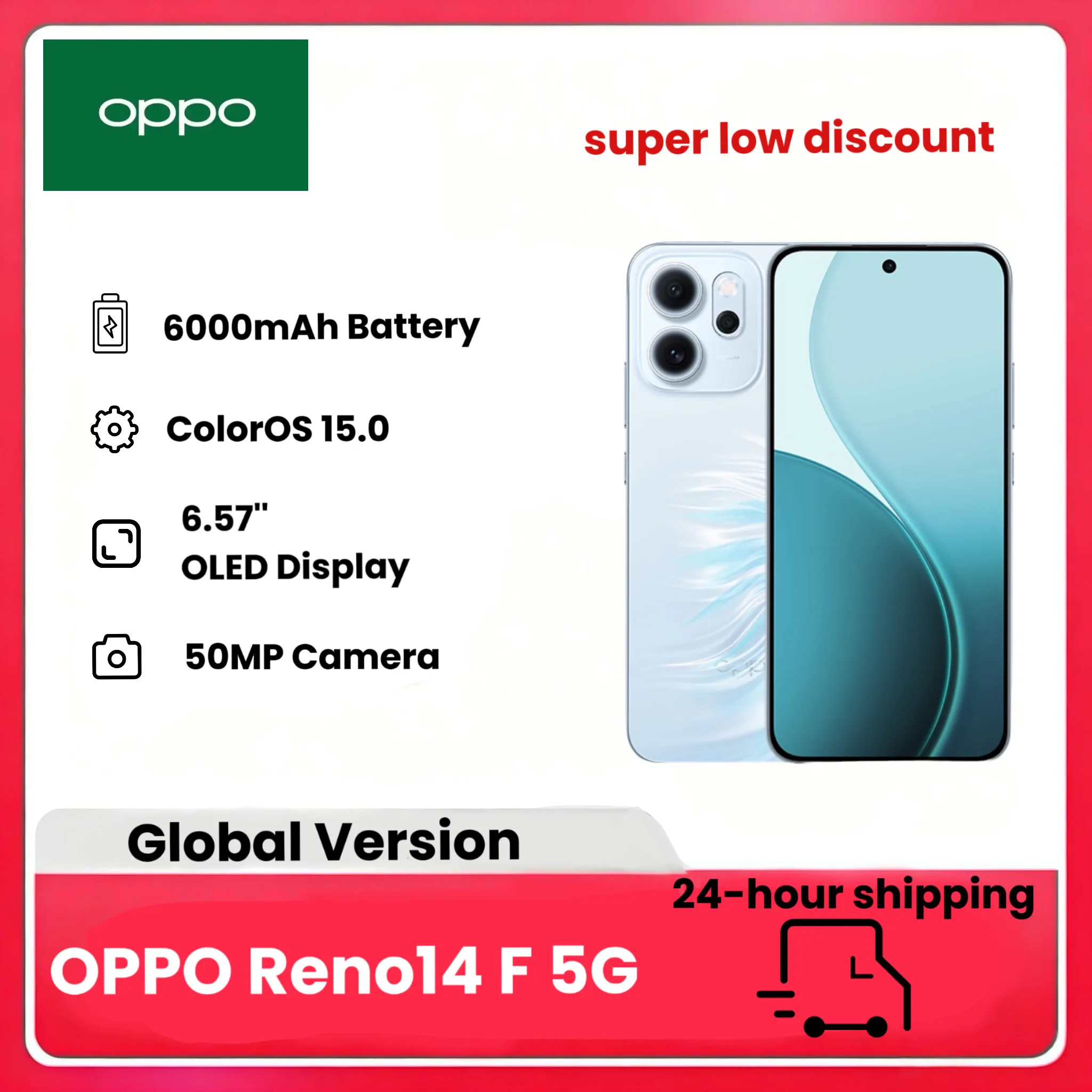 OPPO Reno14 F 5G 8 + 256GB, Android-smartphone zonder AI, AMOLED-scherm 6,57Hz, camera met AI 50 + 32MP, mAh-batterij, IP69 waterbestendigheid, (Oplader niet inbegrepen)