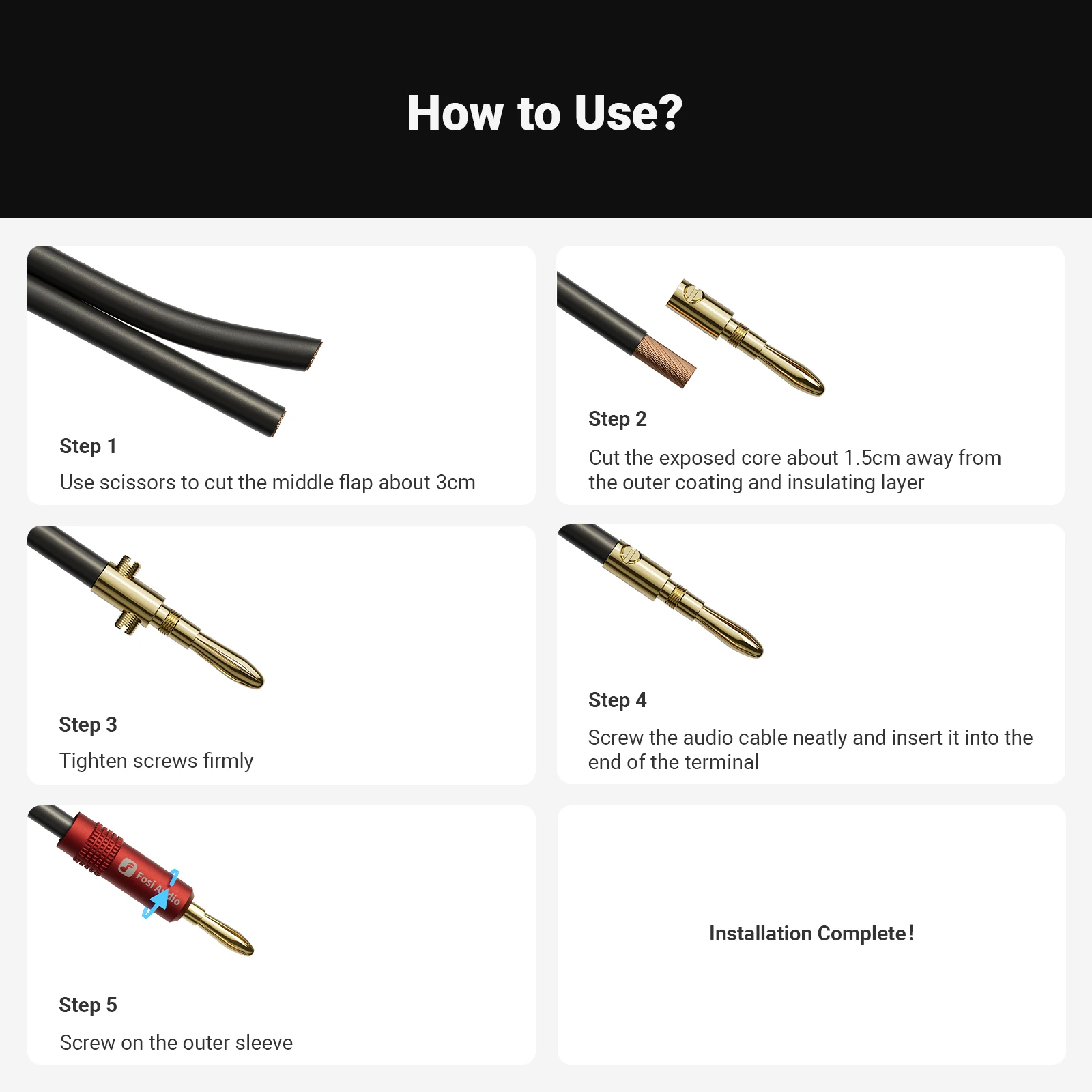 Fosi Audio バナナプラグ 2 ペア/4 個、ブラック&レッド 24K ゴールドメッキ デュアルネジジャックコネクタ アンプ、スピーカー、レシーバー用