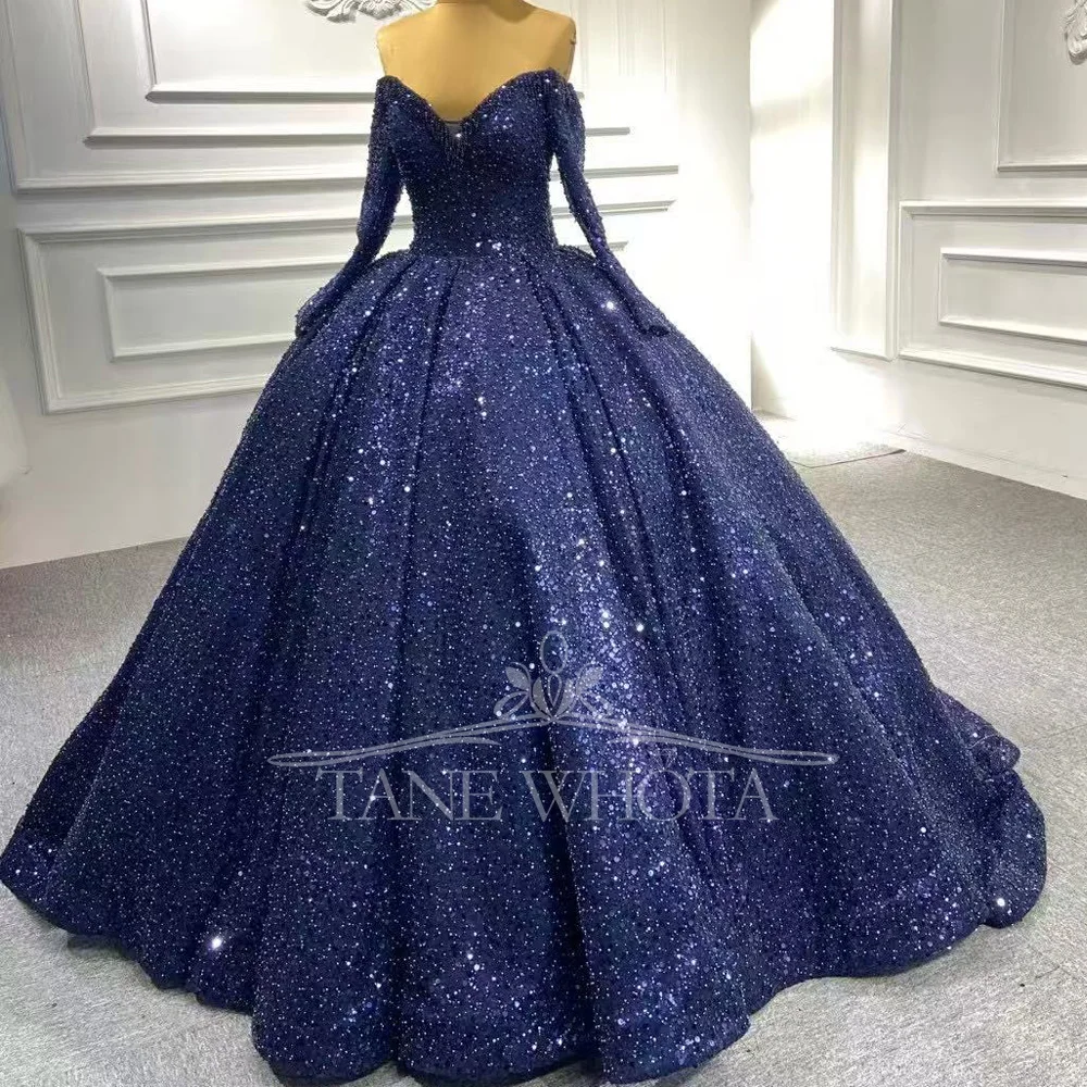 Abito da sera blu navy di lusso 2025 con spalle scoperte maniche lunghe perline abito da ballo con paillettes abiti lunghi da ballo