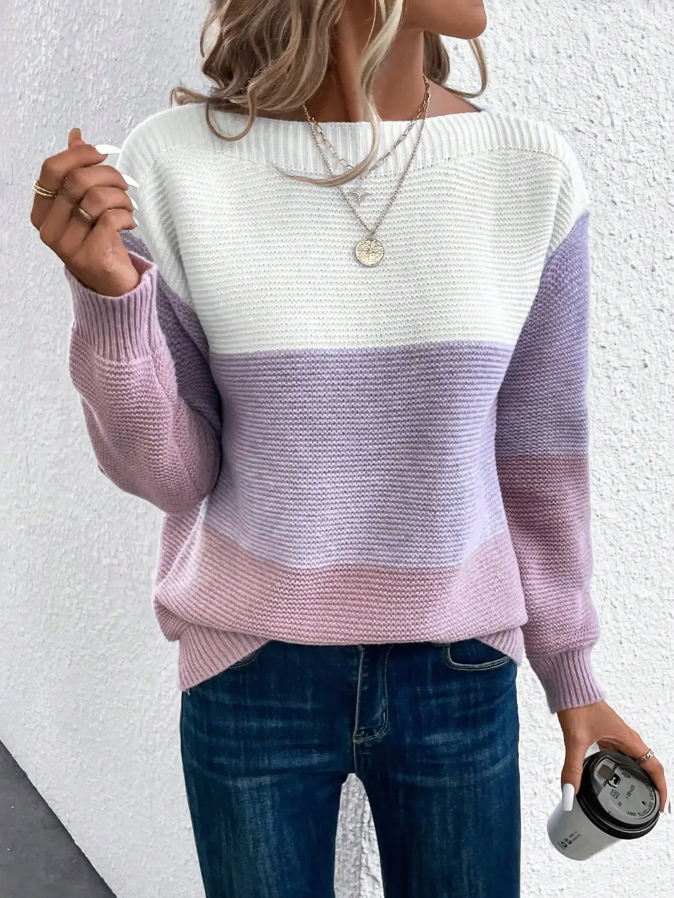 Elegancki trójkolorowy patchworkowy sweter damski codzienny dojazdowy luźne swetry damskie jesienno-zimowe dzianinowe zagęszczone ciepłe topy — zdjęcie 2