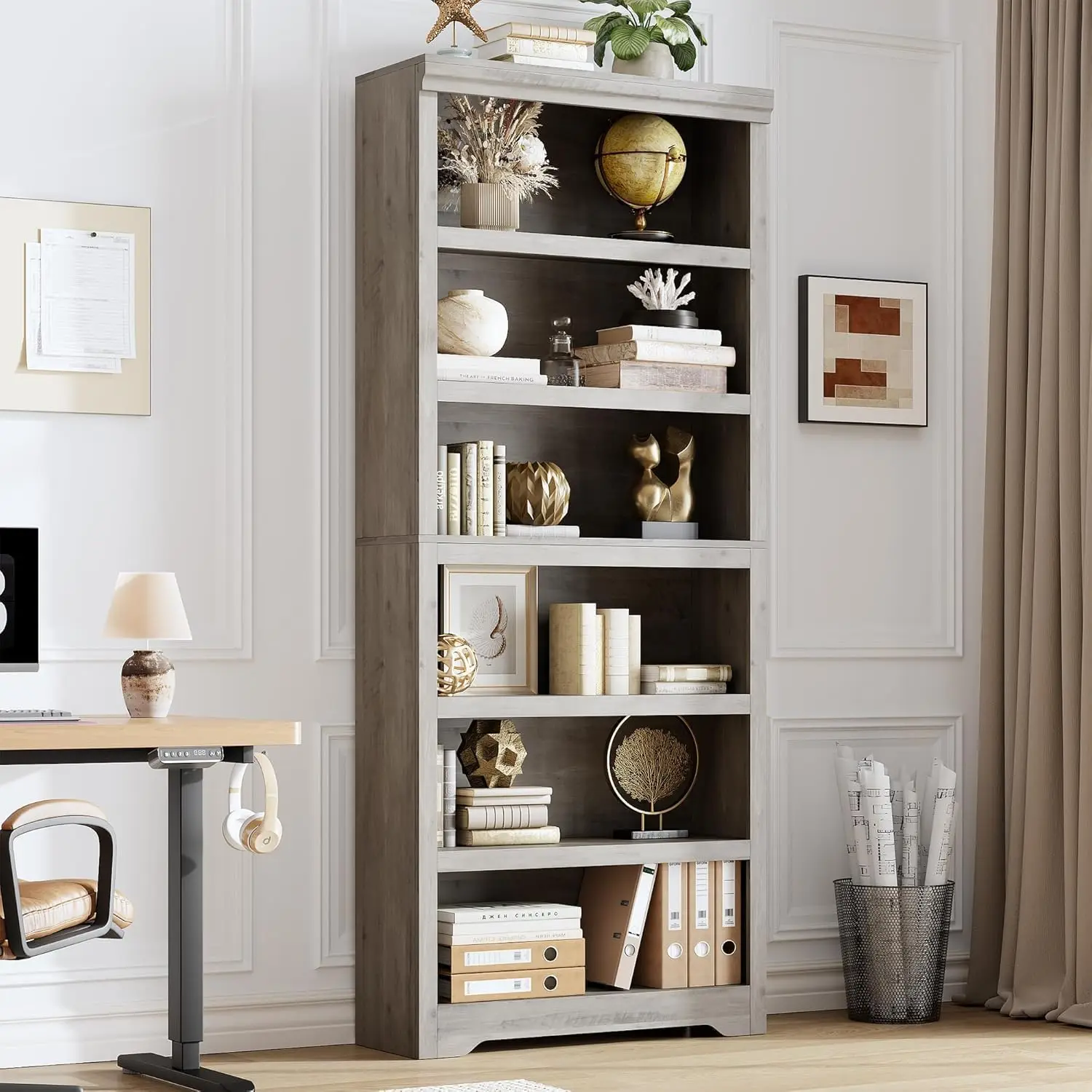 6-stöckiges Bücherregal im Landhausstil, 190 cm hoch, aus Holz mit verstellbaren Einlegeböden für Homeoffice und Wohnzimmer, rut