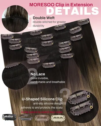 Imagen 2 del producto [Venta caliente] extensiones de cabello con Clip Moresoo, cabello Natural Real, conjunto recto Remy, 5 y 7 Uds., extensiones de cabello humano con Clip brasileño