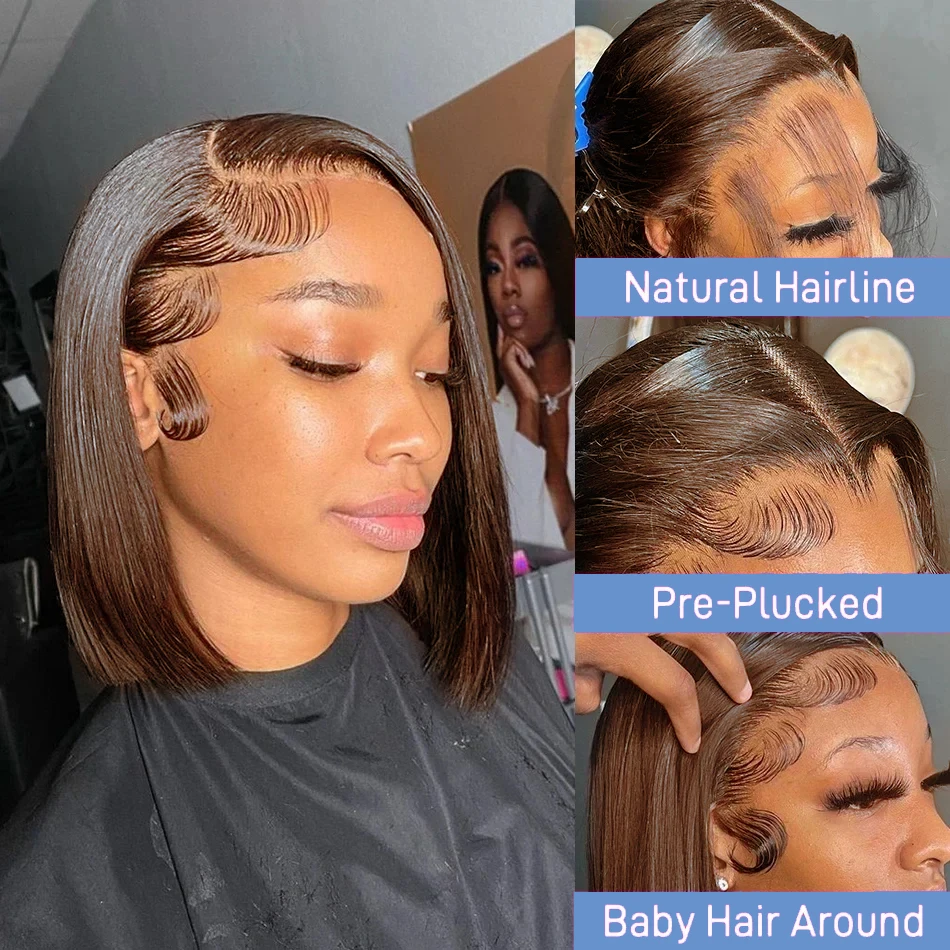 Dark Brown Short Bob Wigs Human Hair 13x4 Straight Lace Front Wig Pre plucked Transparent Lace Frontal Wig 180 Density