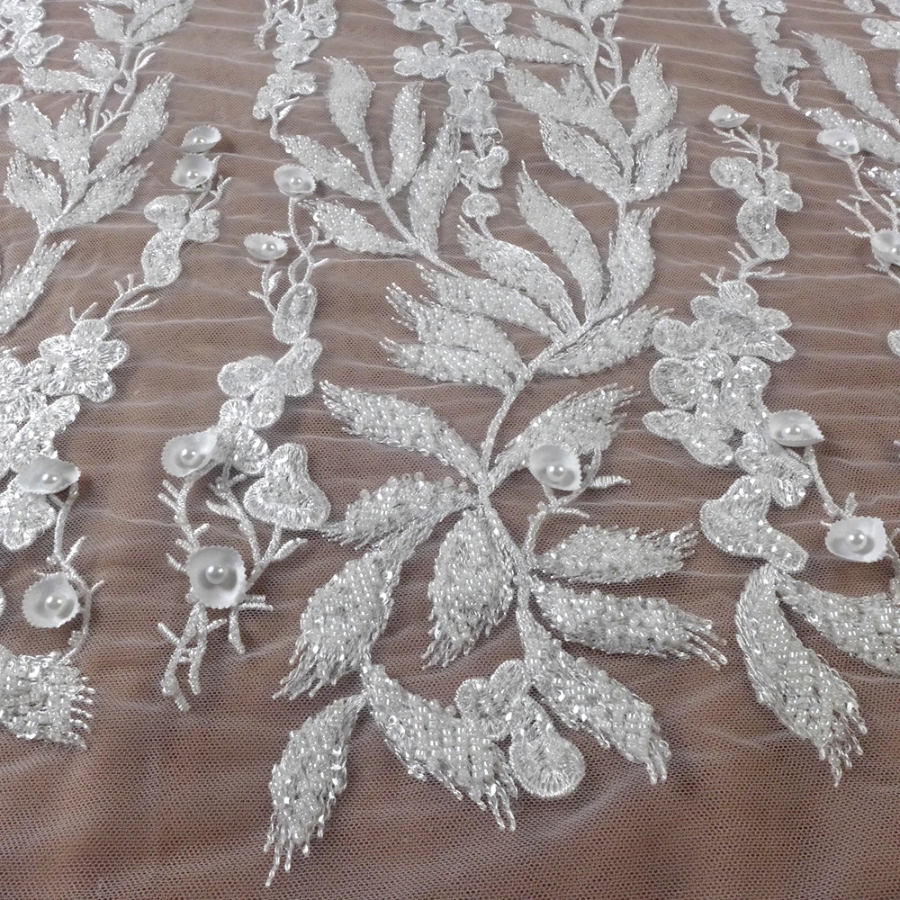 HelluyerDC Off-White heavy beading 3D little flowe lace fabric, leaves patterns lace for ,wedding,evening,dance gown by the yard