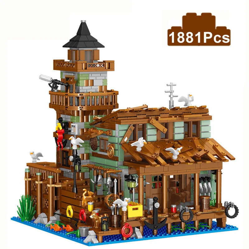 Creative Micro Fisherman Cabin Wharf Wooden House Model Building Blocks Street View Fishing Village Bricks Assemble Toy Kid Gift