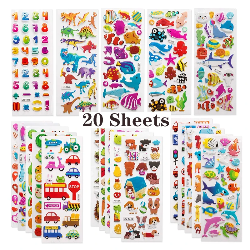 20 Sheets 3D Stickers for Kids Toddlers 1200+ Vivid Puffy Children Stickers Boys Girls Teachers Reward Craft Scrapbook Gift Toys