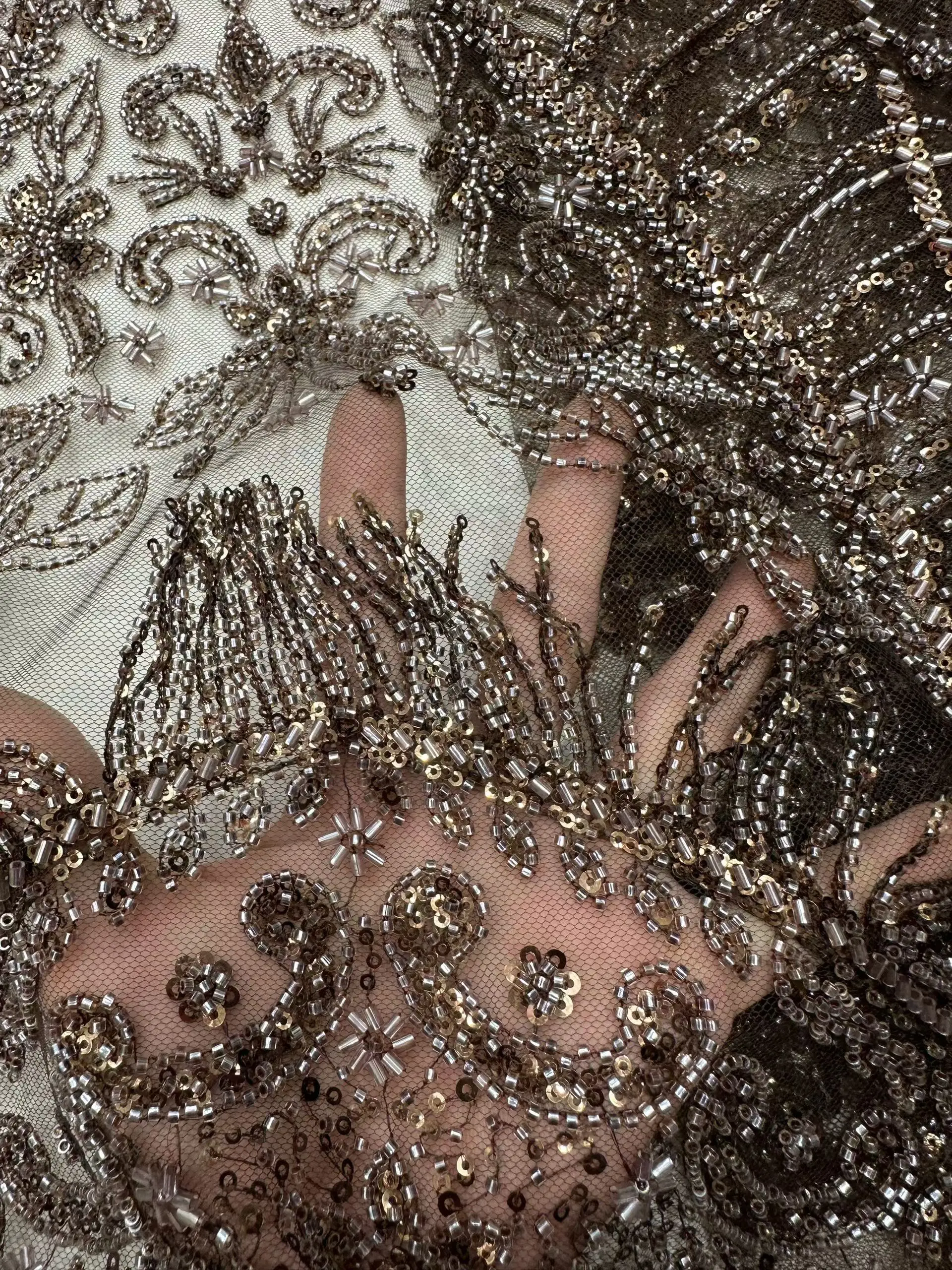 African Luxury Beaded Tulle Lace Fabric Handmade Sequins Pearls Bridal Wedding Dress Material Nigerian Style