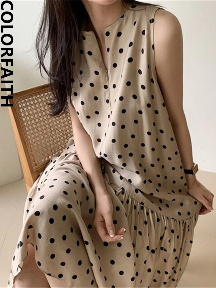 Colorfaith New 2024 Sleeveless Oversized Polka Dot Korean Fashion Elegant Vintage Chic Lady Women's Summer Long Dresses DR1615