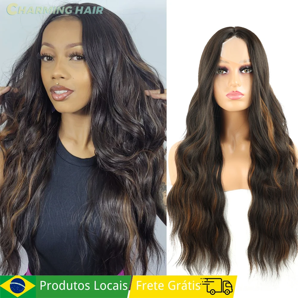 Peruca 4x6 Lace Ondulada Wig Fibra Orgânica Premium Cacheado Long Varias Cores Fácil Uso Diário “FAB”-MODA + Touca Wig Cap 70cm