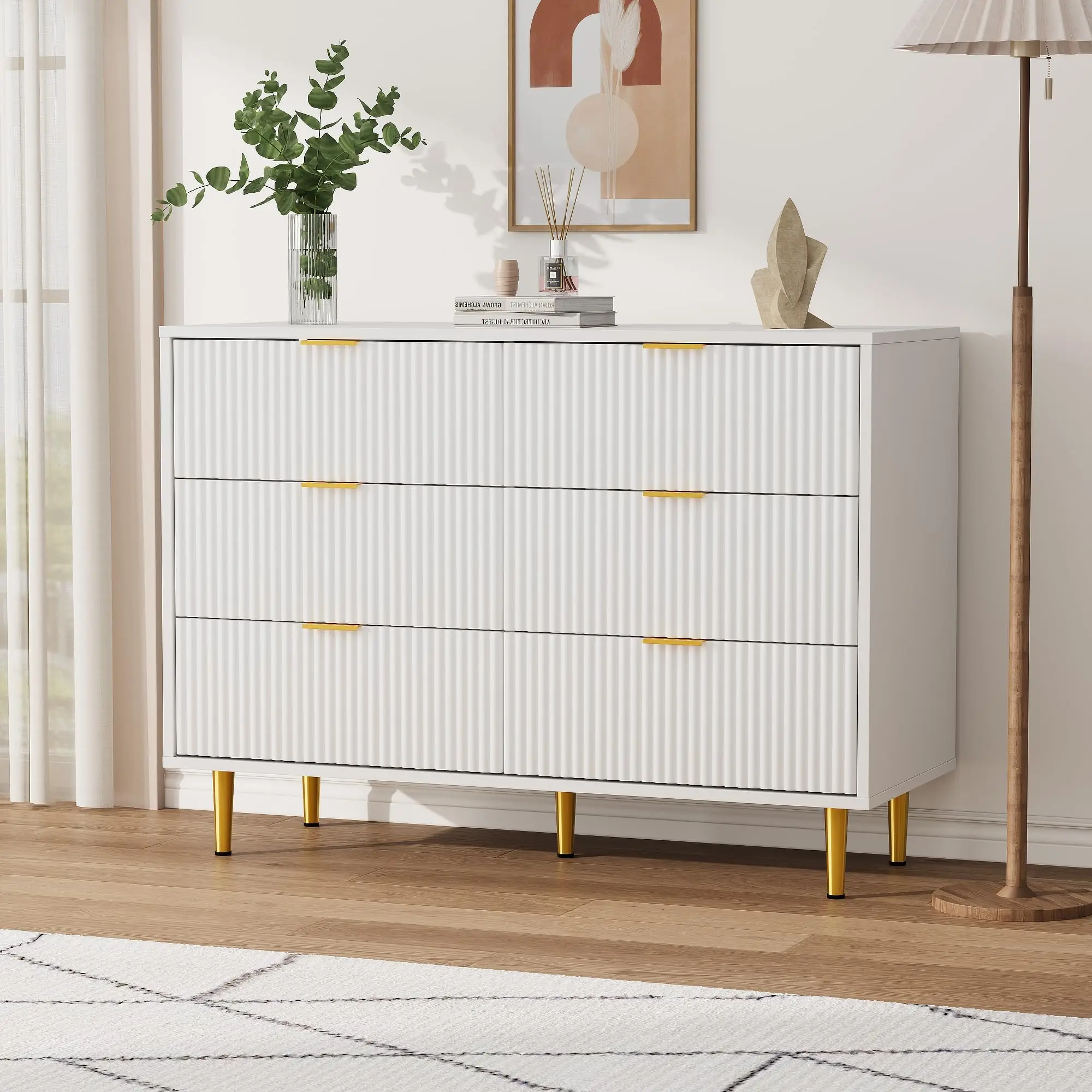 Elegante cassettiera 100x40x75 cm con 6 cassetti, design moderno a onda con maniglie e gambe dorate, stabile, anti-ribaltamento, ampio spazio di archiviazione, credenza per camera da letto, soggiorno