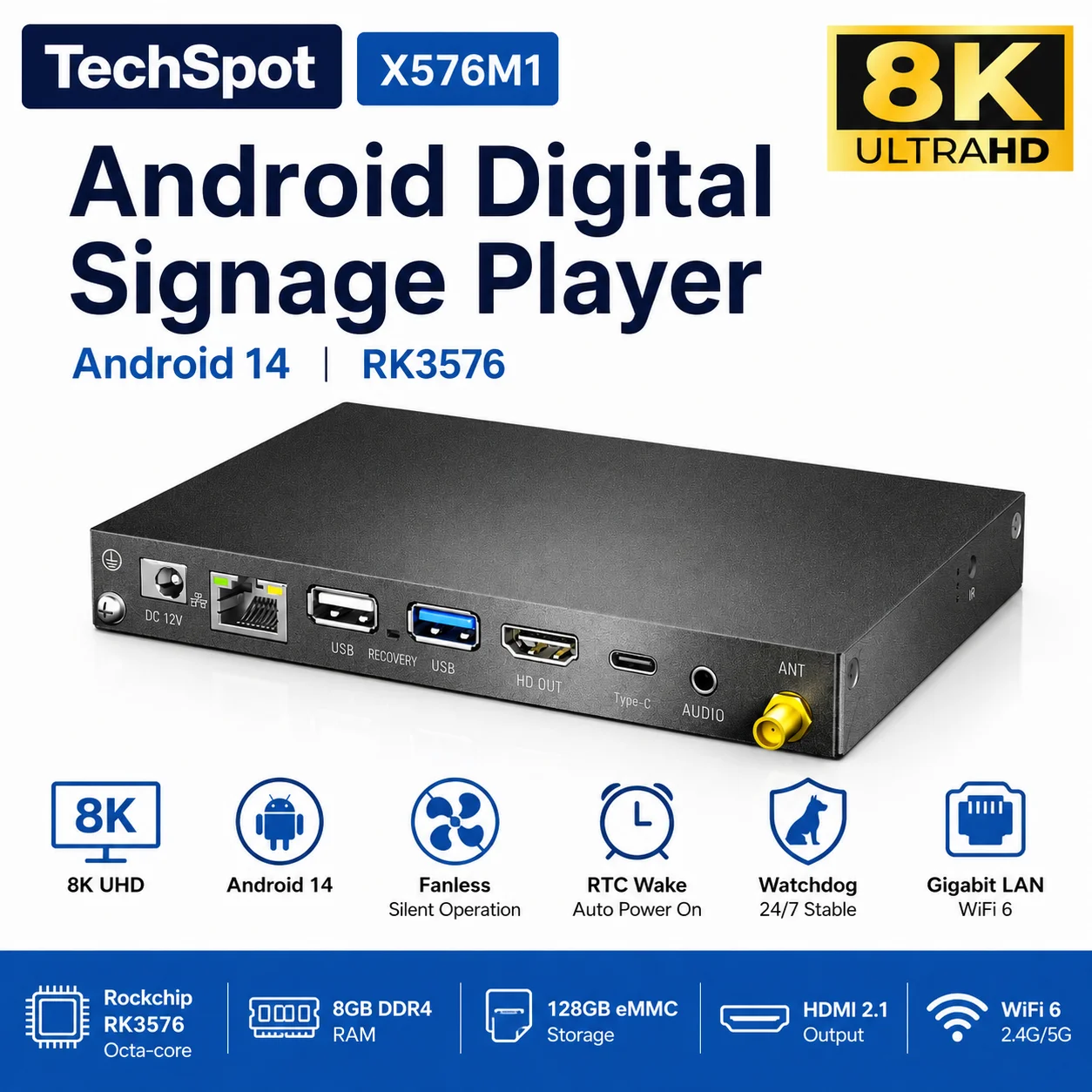 Android Digital Signage Player RK3576 Android 14 8GB+128GB 8K UHD Commercial Media Box HDMI Auto Power On RTC Watchdog