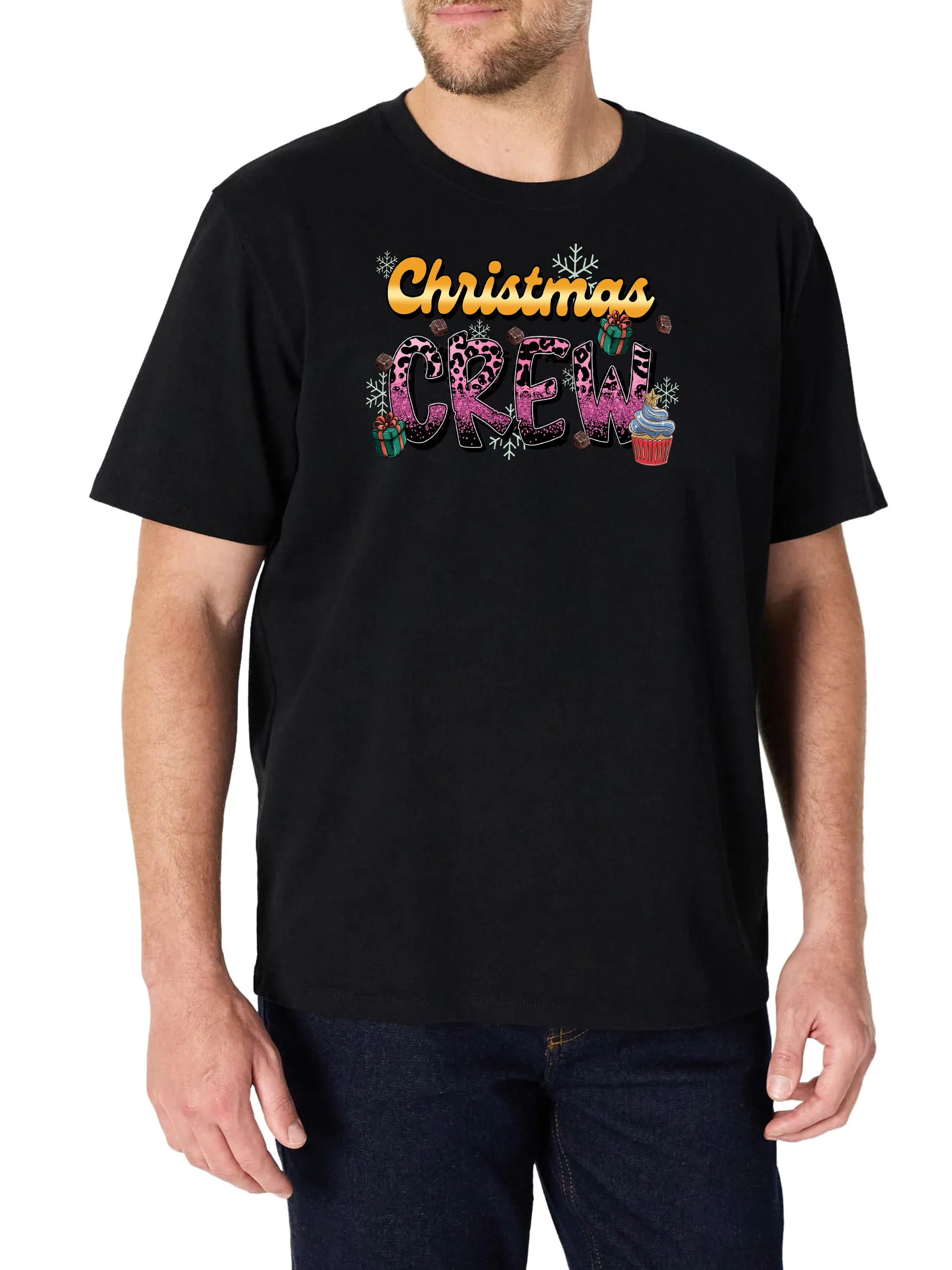 تي شيرت رجالي بتصميم مطبوع، أسود بأكمام قصيرة ورقبة دائرية، 100% قطن