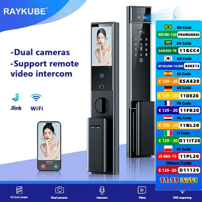 

RAYKUBE S90 Jlink WiFi 3D Facial Palm Vein Recognition Rechargeable Smart Fingerprint Lock With Dual WIFI Cameras APP Video Call
