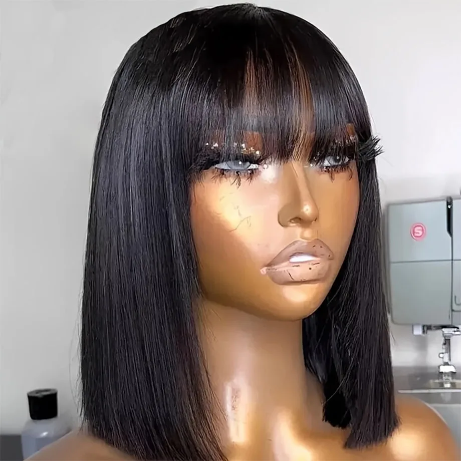 Glueless Bob Wig With Bangs Brazilian Straight Human Hair Wig With Bangs For Women 3x1 HD Lace Wear Go Wigs Straight Short Bob