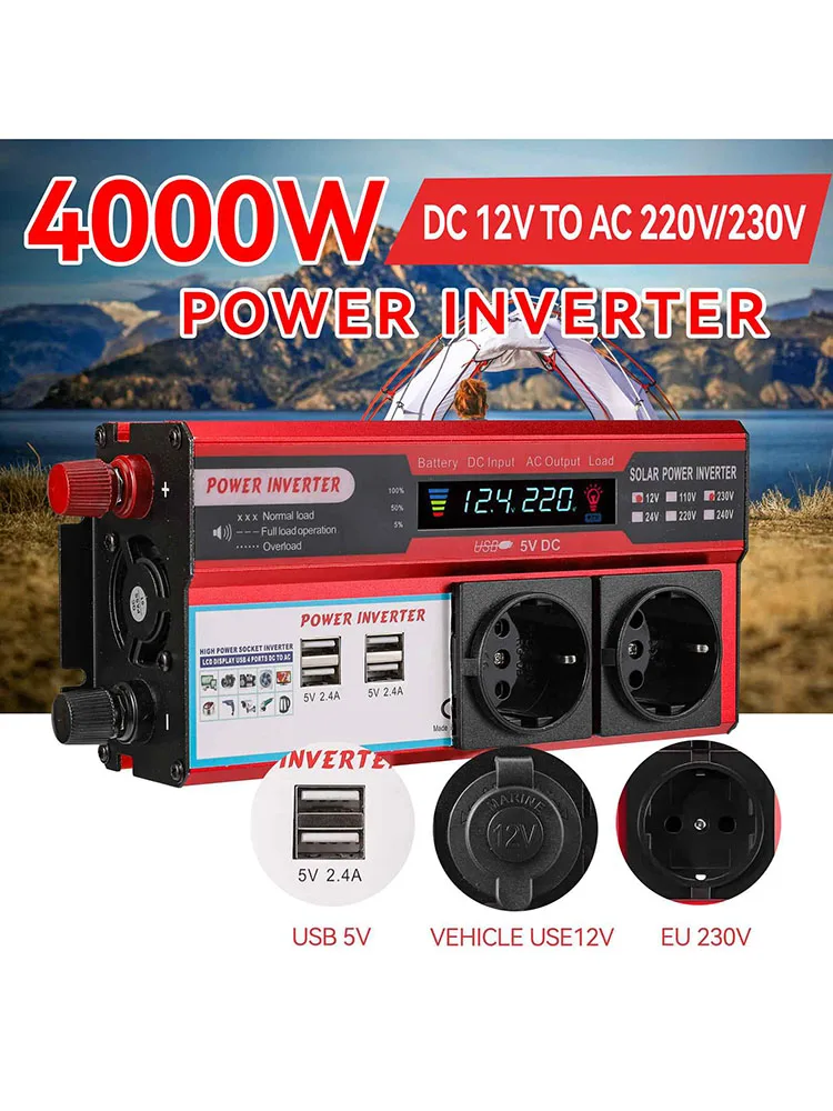 4000W Reiner Sinus-Wechselrichter DC 12V zu AC 220V 230V Transformator mit 4 USB-EU-Steckdosen zum Aufladen mit LED-Anzeige