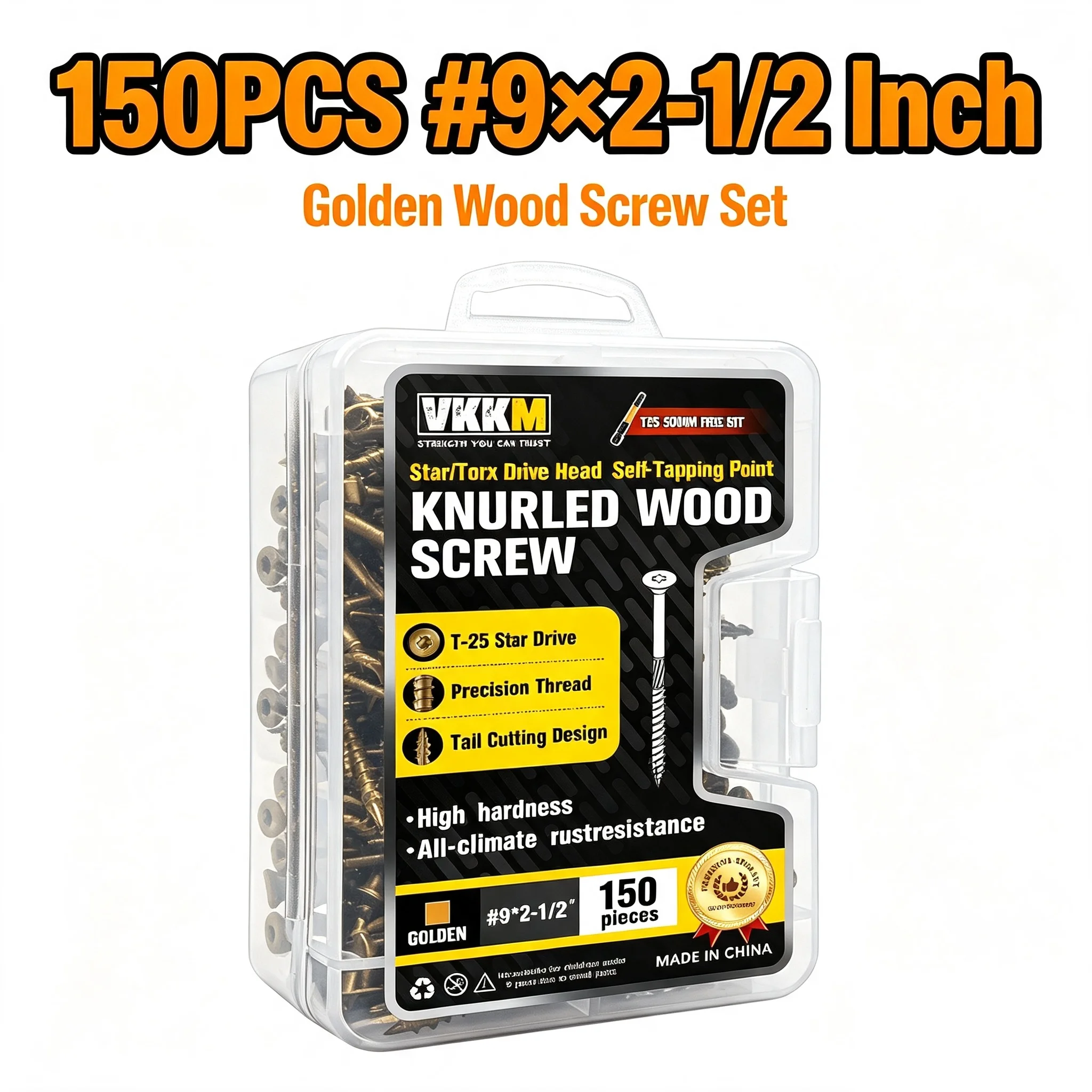 VKKM 150Pcs #9×2-1/2 Inch Golden T25 Torx Knurled Wood Screws, Anti-Split Self-Tapping Deck Lag Screws with Free Magnetic T25 Drill Bit, for Indoor Furniture, Outdoor Deck, Fence, Pergola, Pressure Treated Lumber Woodworking DIY Projects