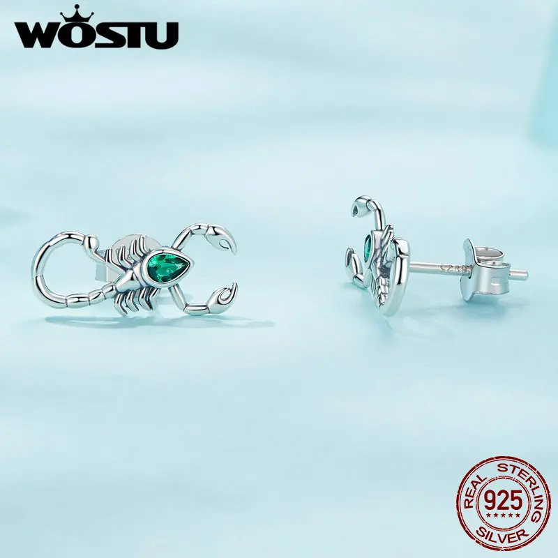 WOSTU 925 Sterling Silve Green Zircon&Scorpion Earrings Mysterious Animal Ear Stud for Women Original Jewelry Luxury Party Gift