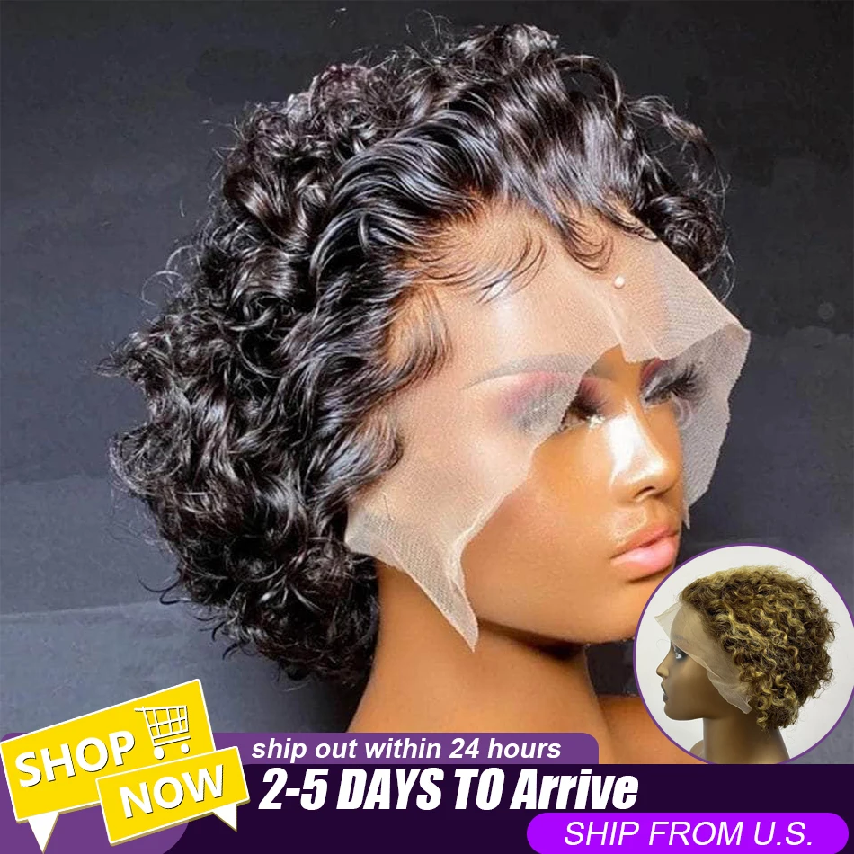 

Curly Pixie Cut Wig Human Hair 13x4 Lace Front Wig Natural Black Short Curly Pixie Cut Lace Front Wig Highlight 4/27 Colored Wig