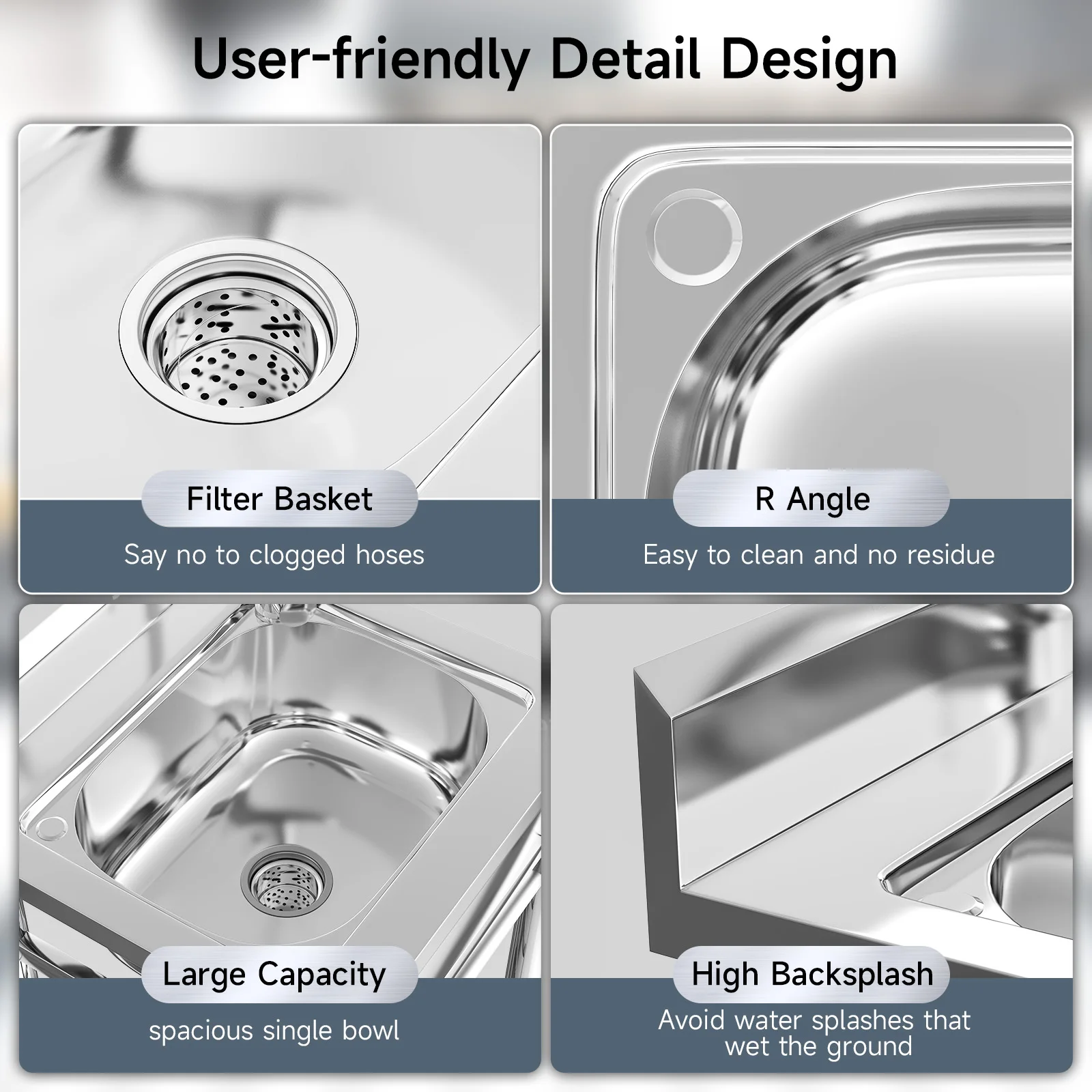 Free Standing Stainless Steel Commercial Restaurant Kitchen Sink Utility Sink with Deep Basin Bowl for Restaurant Kitchen