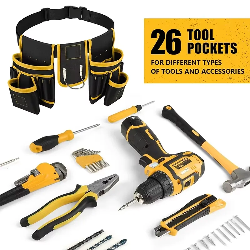 Tool Belt Bag with Adjustable Waist Belt, Detachable Work Pouch Pockets, Heavy-Duty Utility Apron for Electricians & Contractors