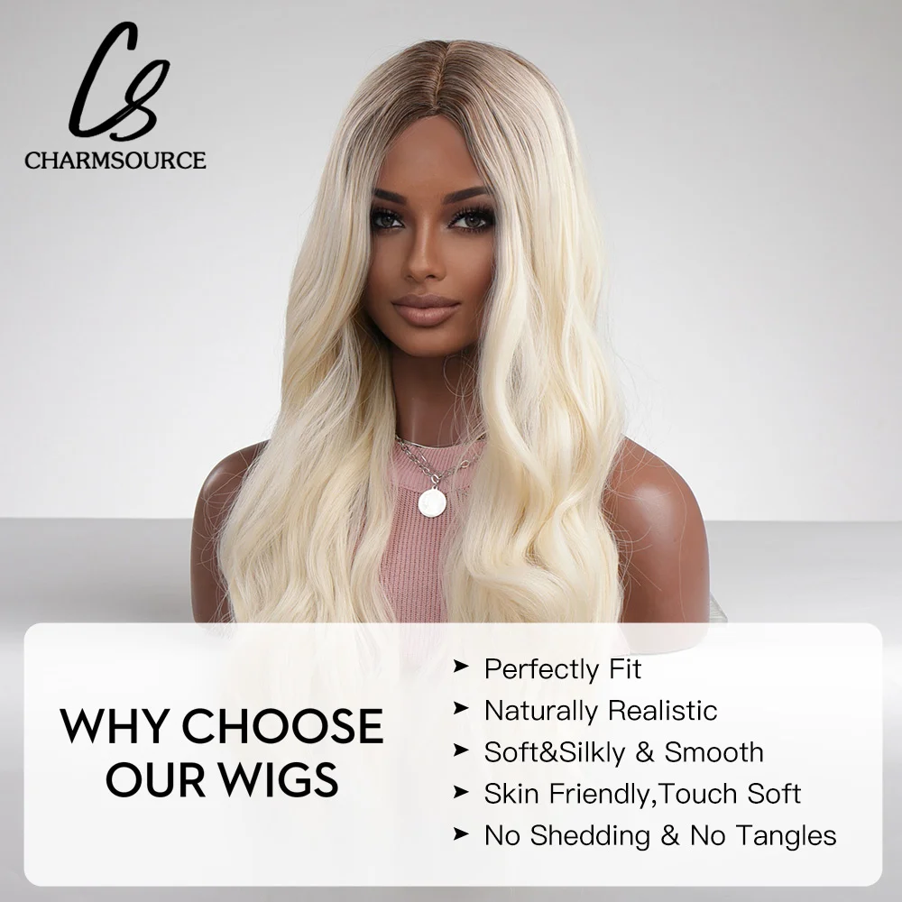 CharmSource Synthetic Wigs Long Wavy Wigs Blonde Wigs with Dark Root for Black Women Cosplay Party High Density Resistant Hair