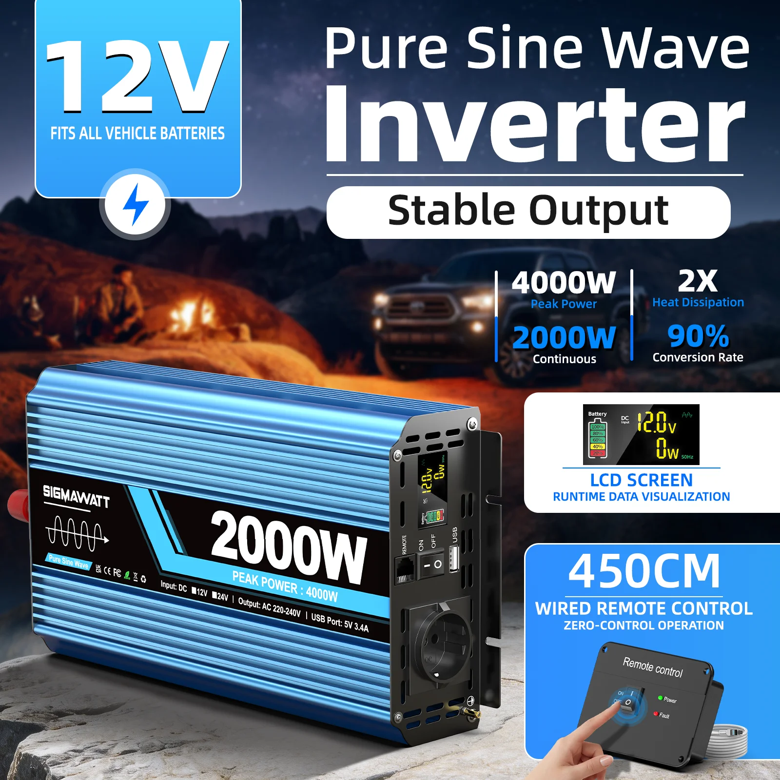 Zuivere Sinusgolf Omvormer DC 12V 24V AC 230V 2000W Nominaal 4000W Piekmacht LCD Afstandsbediening USB Type-C voor Off-Grid Kamperen Auto