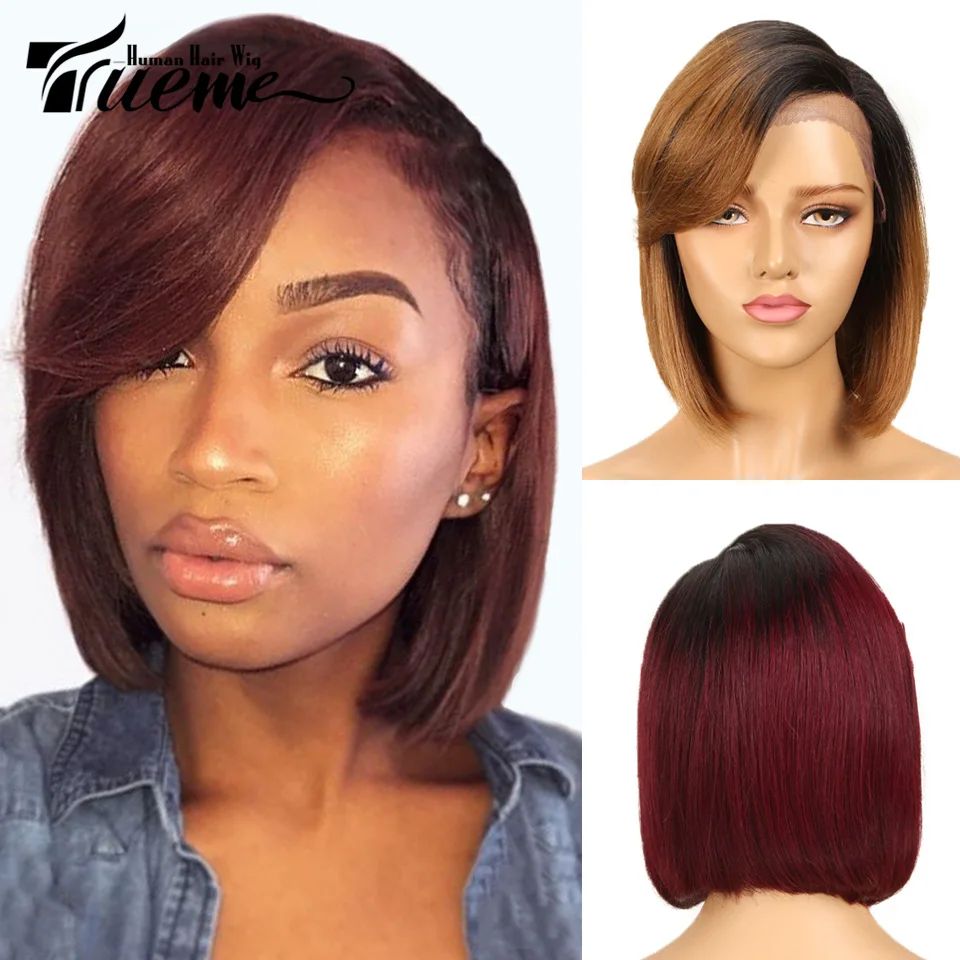 Trueme Short Straight Bob Wig Human Hair Lace Wig With Bangs Brazilian 13x4x1 Transparent Lace Front Human Hair Wigs For Women