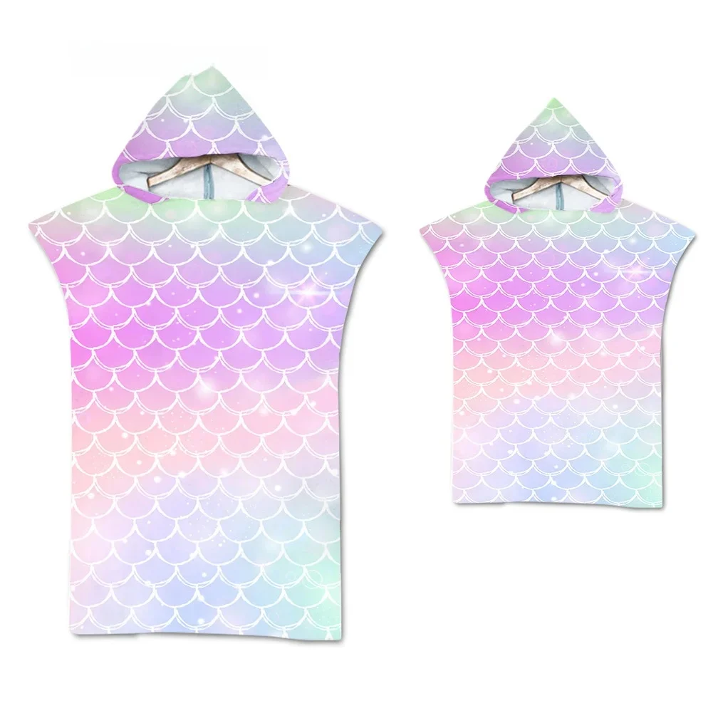 Rainbow Scale Microfiber Beach Towel Quick Dry Hooded Cloak Wetsuit Towels Adult Kids Parent-Child Poncho Bathrobe for Swim Surf