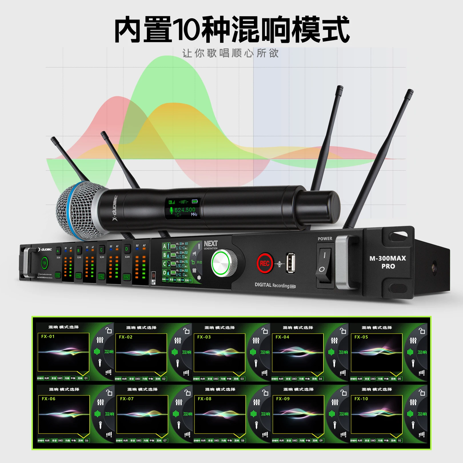 X-DUOMIC M300PRO verdadeira diversidade um a quatro microfone sem fio desempenho de palco profissional reverberação balanceada anti-howling