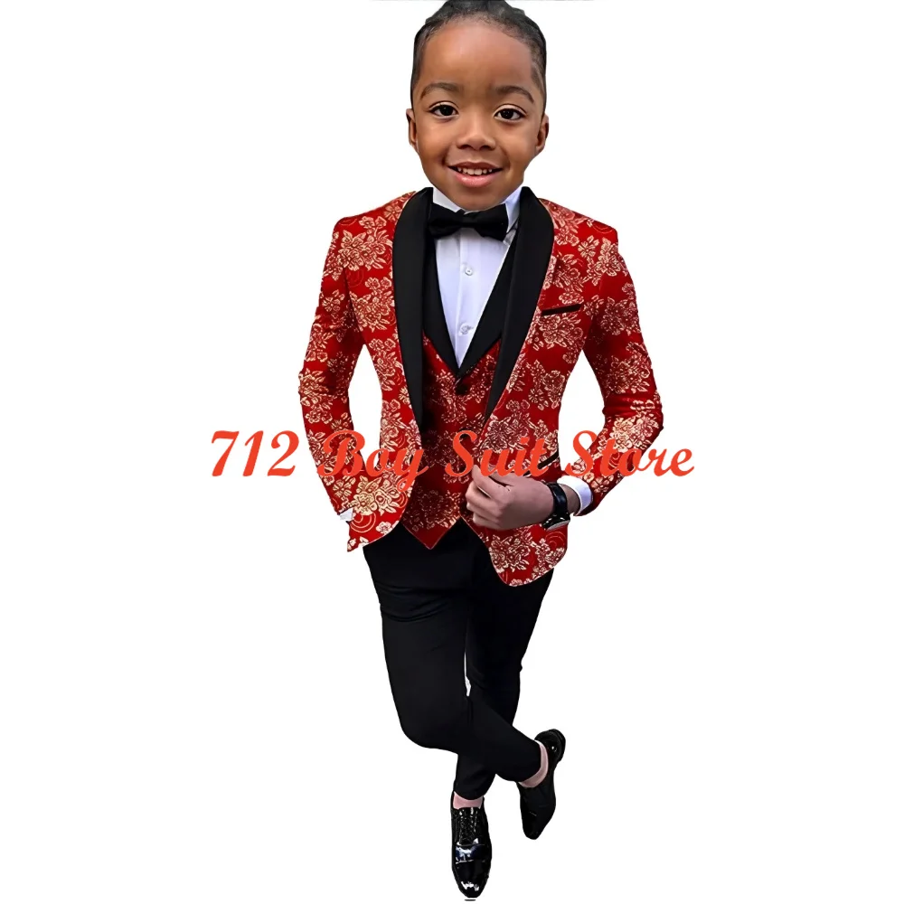 New Fashion Boys Suit Wedding Tuxedo 3-Piece Set Floral Jacket Pants Vest Bow Tie Kids Fashion Slim-fit Blazer