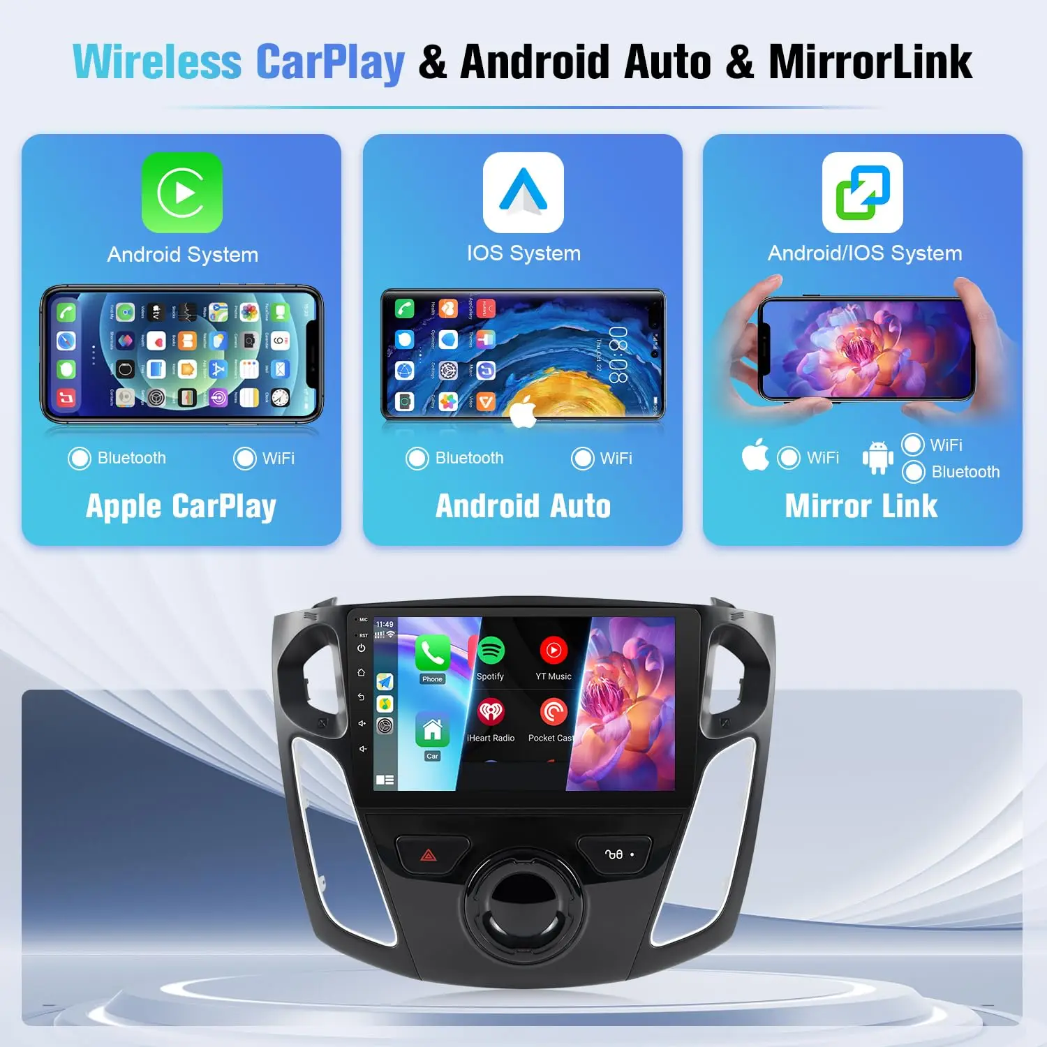 شاشة لمس 9 بوصة Ford Focus 2012 2013 2014 2015 2016 2017 2018 راديو مع Carplay لاسلكي، Android Auto، Bluetooth GPS، WiFi、F
